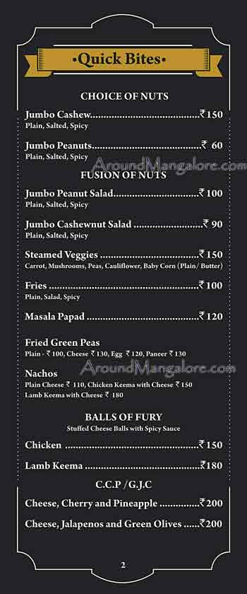 Food Menu - The Old Bison - The Retro Bar - Attavar, Mangalore