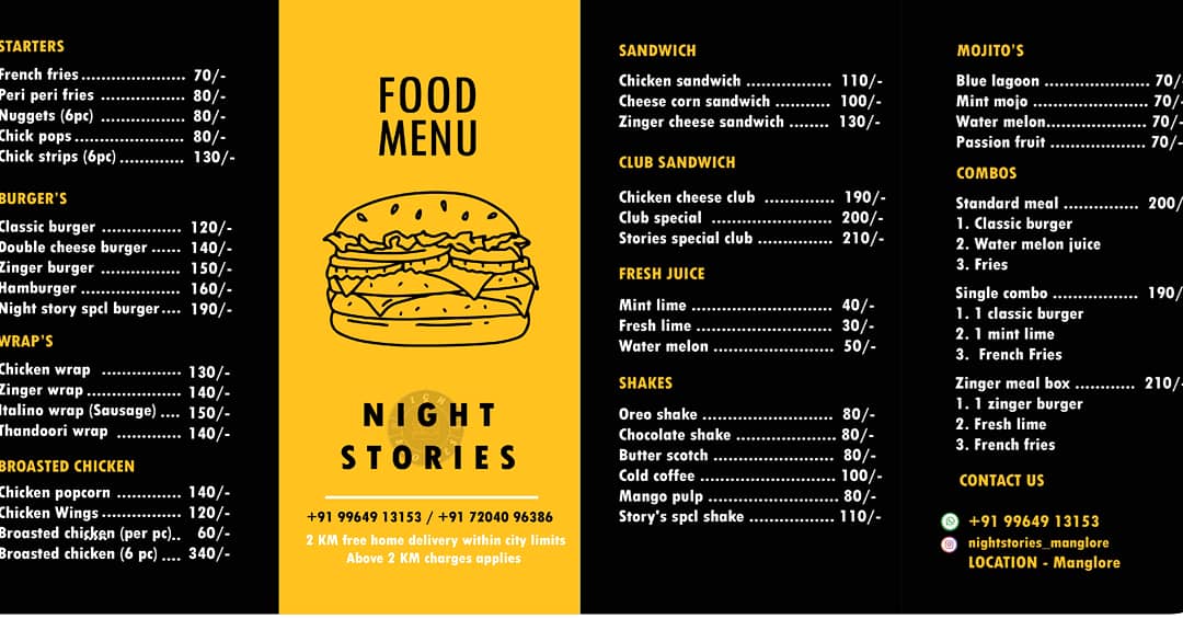 Food Menu - Night Stories - Cloud Kitchen - Mangalore