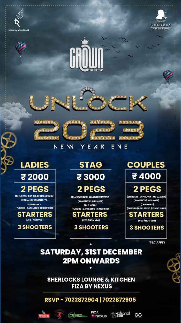 Unlock 2023 - New Year Eve - Sherlocks Lounge - Fiza by Nexus - Mangalore